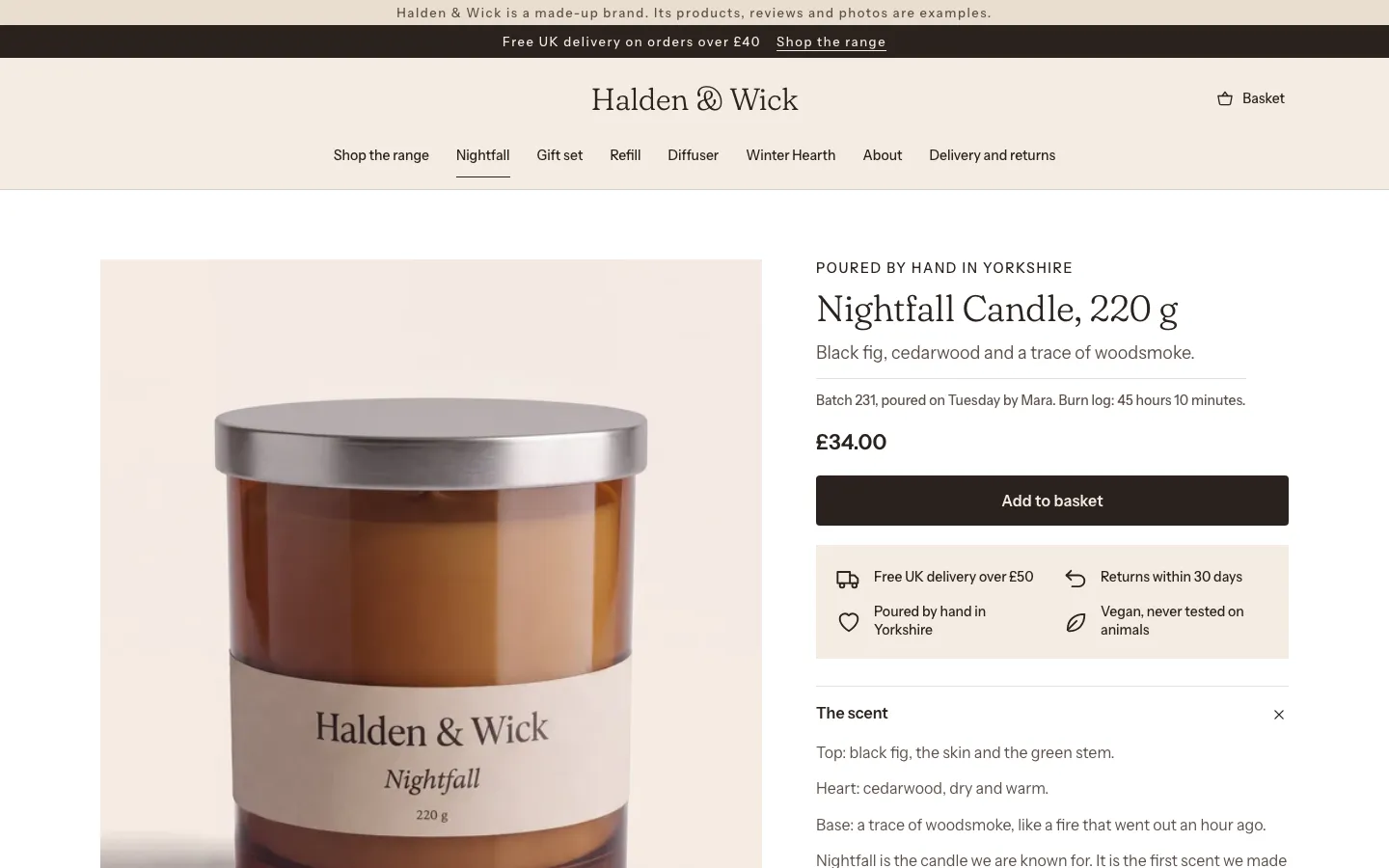 Desktop screen of the Halden & Wick store: the Nightfall candle’s product page, the first screen.