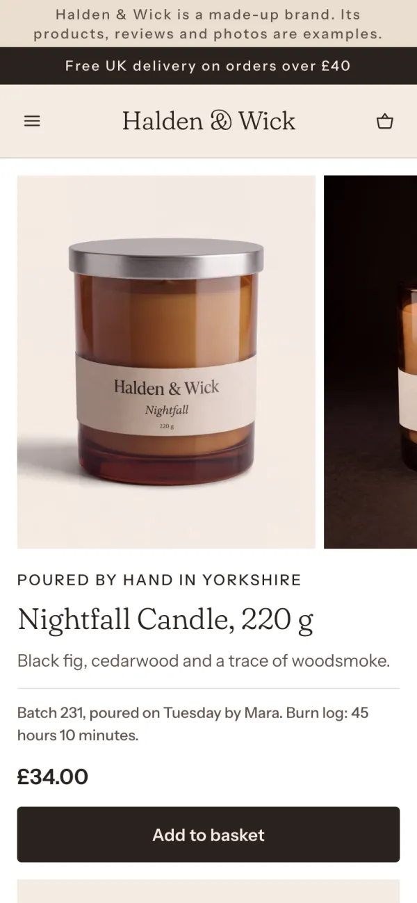 Phone screen of the Halden & Wick store: the Nightfall candle’s product page, the first screen.