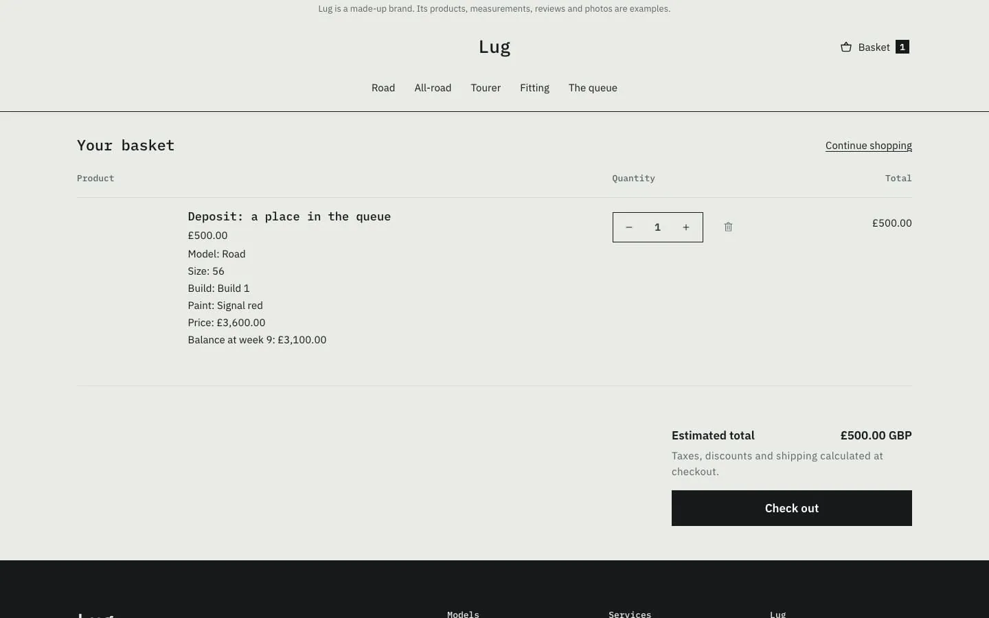 Desktop screen of the Lug Cycles store: the basket, with the deposit for one bike in it, the first screen.