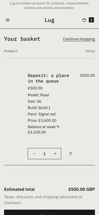 Phone screen of the Lug Cycles store: the basket, with the deposit for one bike in it, the first screen.