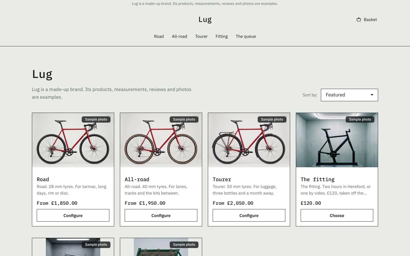 Desktop screen of the Lug Cycles store: the collection, the three bikes and the fitting, the first screen.