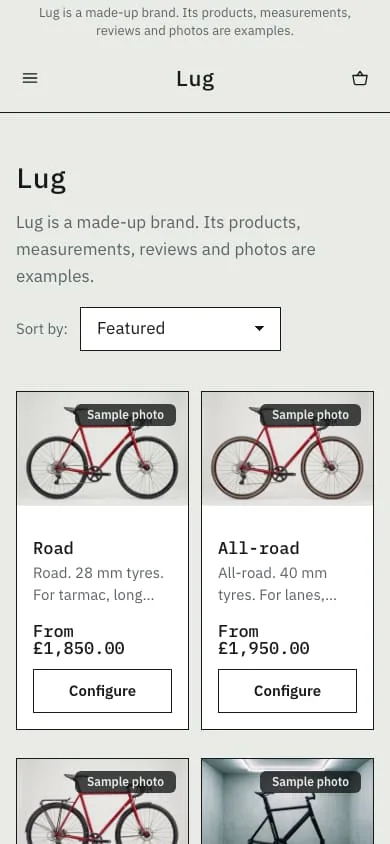 Phone screen of the Lug Cycles store: the collection, the three bikes and the fitting, the first screen.