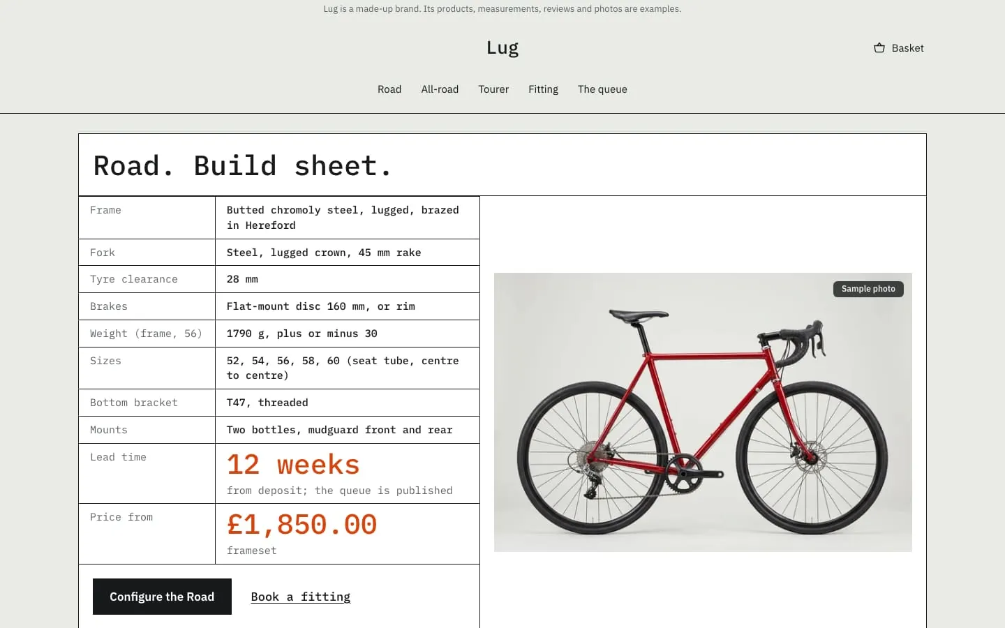 Desktop screen of the Lug Cycles store: the home page, the Road’s build sheet as a ruled table, the first screen.
