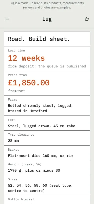 Phone screen of the Lug Cycles store: the home page, the Road’s build sheet as a ruled table, the first screen.
