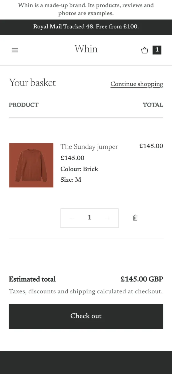 Phone screen of the Whin store: the basket, with one jumper in it, the first screen.