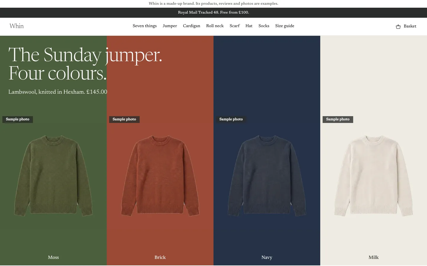 Desktop screen of the Whin store: the home page, the Sunday jumper in four colours, the first screen.