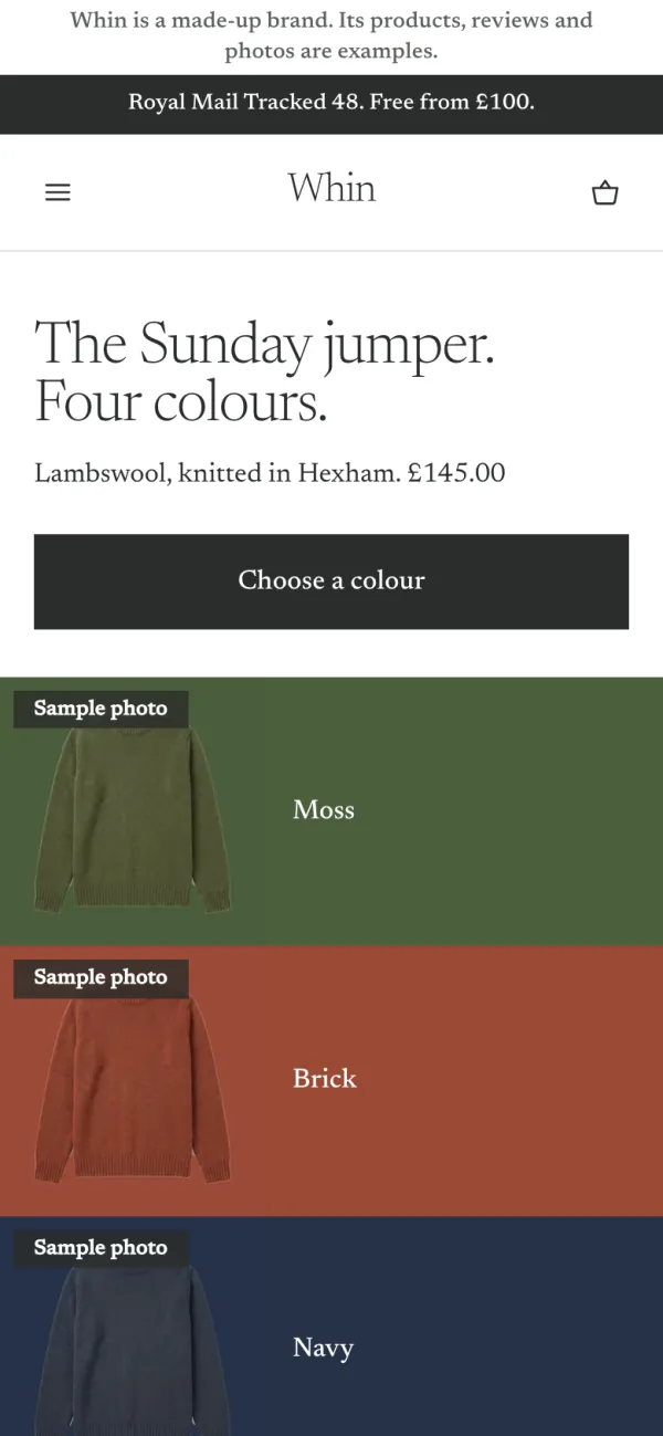Phone screen of the Whin store: the home page, the Sunday jumper in four colours, the first screen.