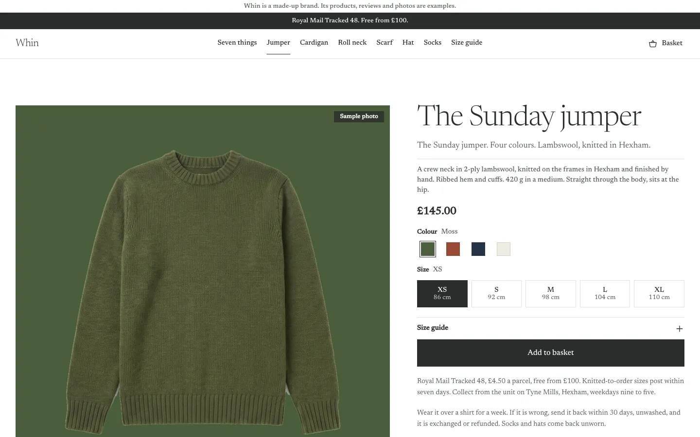 Desktop screen of the Whin store: the Sunday jumper’s product page, with its colour and size picker, the first screen.