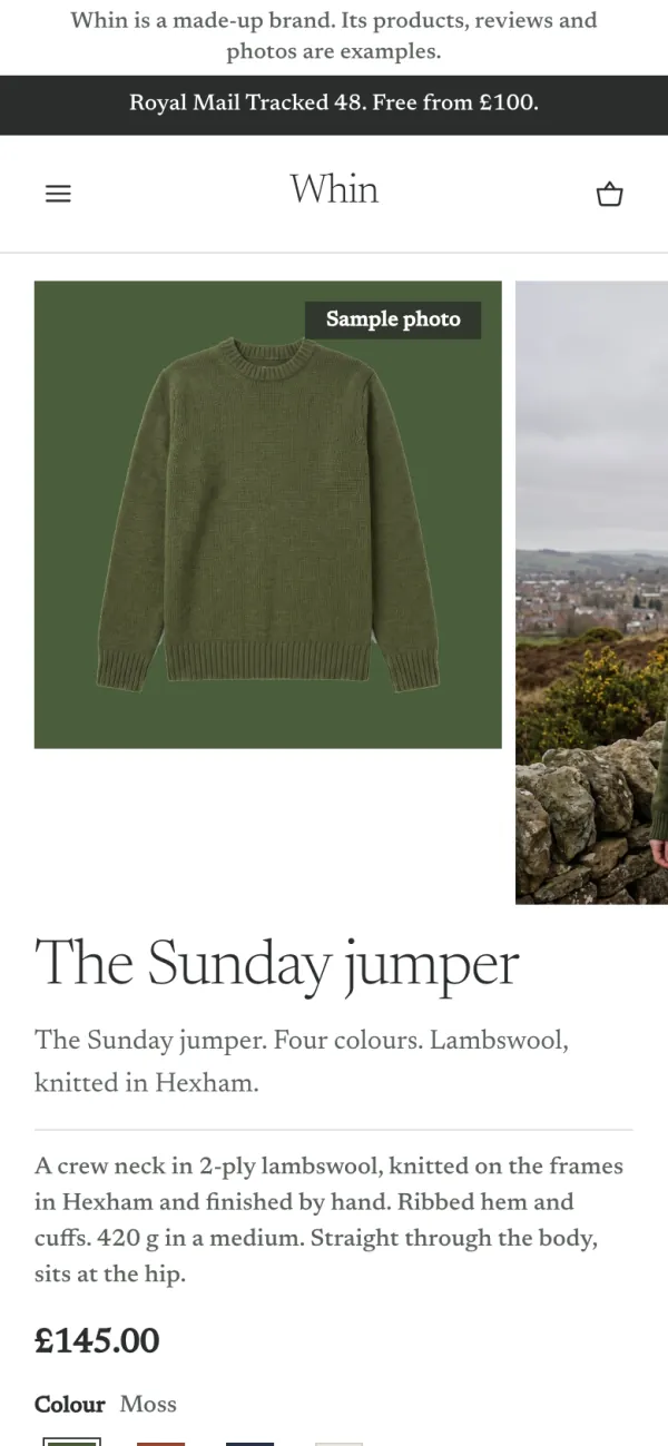 Phone screen of the Whin store: the Sunday jumper’s product page, with its colour and size picker, the first screen.