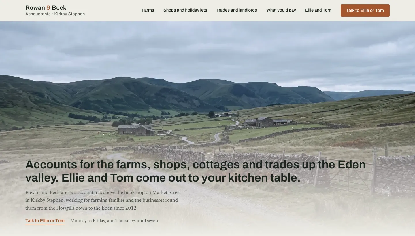 Desktop opening of Rowan and Beck, an example build for a fictional practice: the Eden valley and a headline about farm visits.