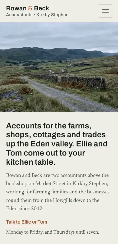 Phone view of our fictional Rowan and Beck example, with the valley, kitchen-table visits and Talk to Ellie or Tom link.