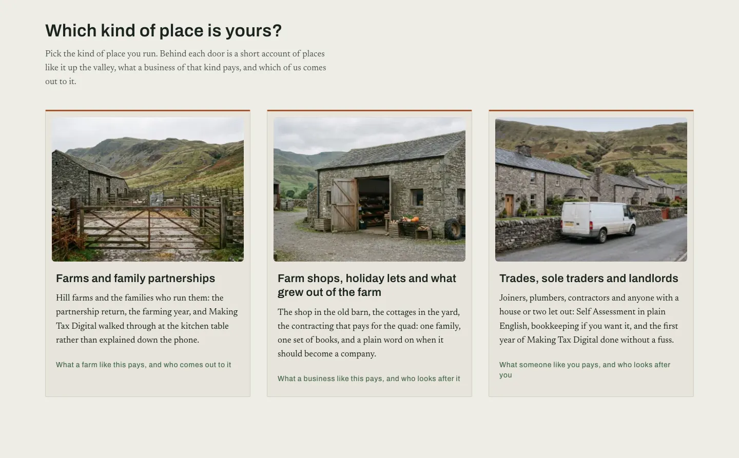 Service choices in the fictional Rowan and Beck example; the phone crop shows the farm route.
