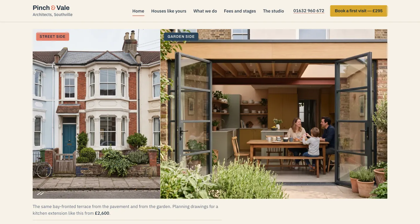 Opening of Pinch and Vale, an example build for a fictional practice. The same bay-fronted Bristol terrace is shown from the street and from the garden. The caption gives planning drawings for a kitchen extension like this from £2,600. On a wide screen the phone number is an Ofcom drama number.