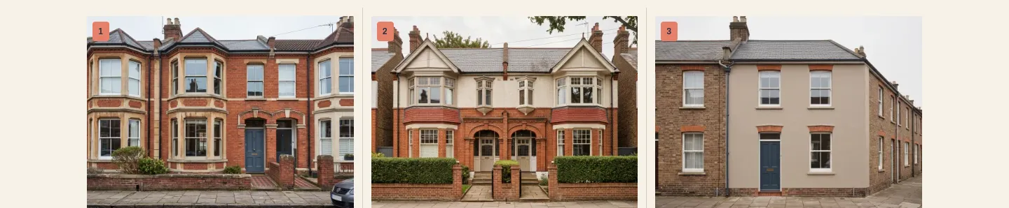 Three house frontages in the fictional Pinch and Vale example: a red-brick Victorian terrace, a red-brick Edwardian semi, and a rendered two-up two-down.