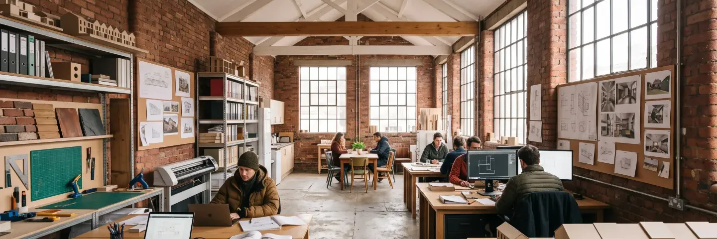 Studio photograph in the fictional Pinch and Vale example: a converted brick workshop with drawing boards, models and people at work.