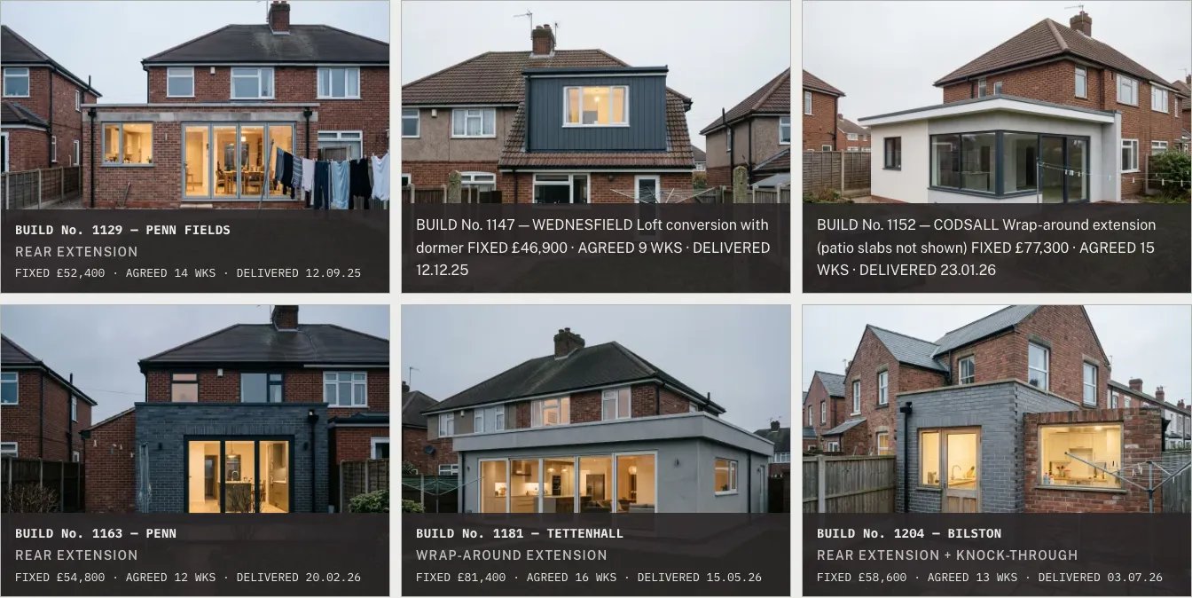 Six fictional completed builds, each with a price, the weeks agreed, and a date.