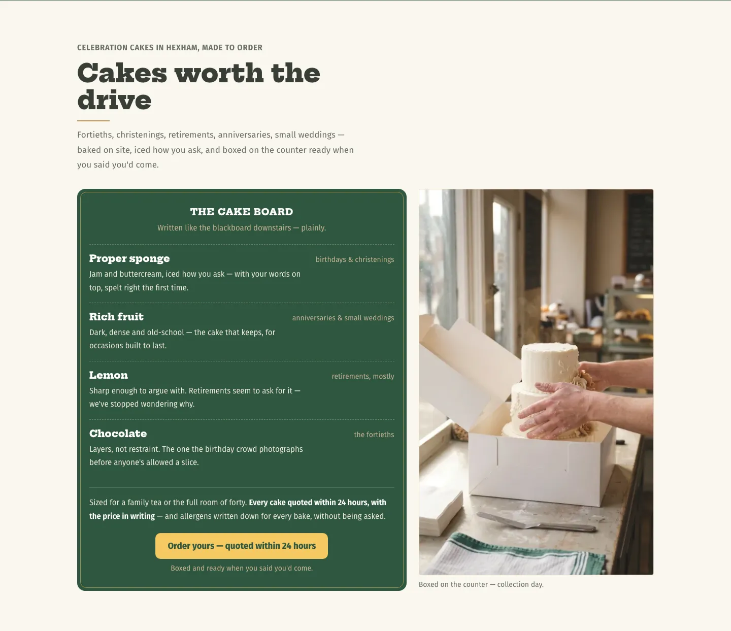 The fictional cake board: sponge, rich fruit, lemon and chocolate. Each cake is quoted within 24 hours, with allergens written down, and no everyday price on the board.