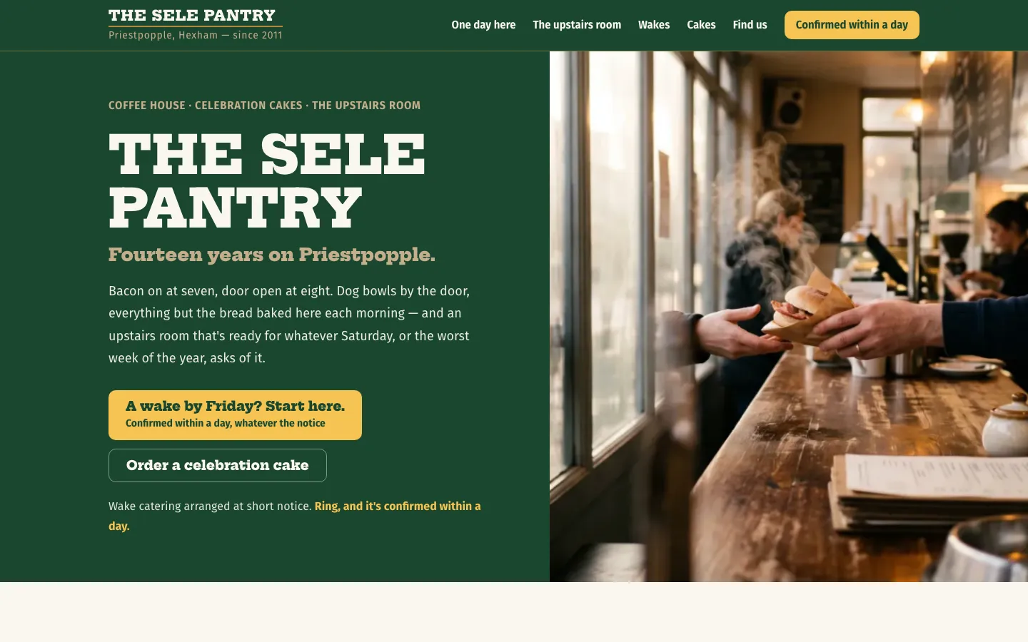 The fictional Sele Pantry home page in Hexham. The first screen says fourteen years on Priestpopple, bacon on at seven, dogs welcome, and shows no price.