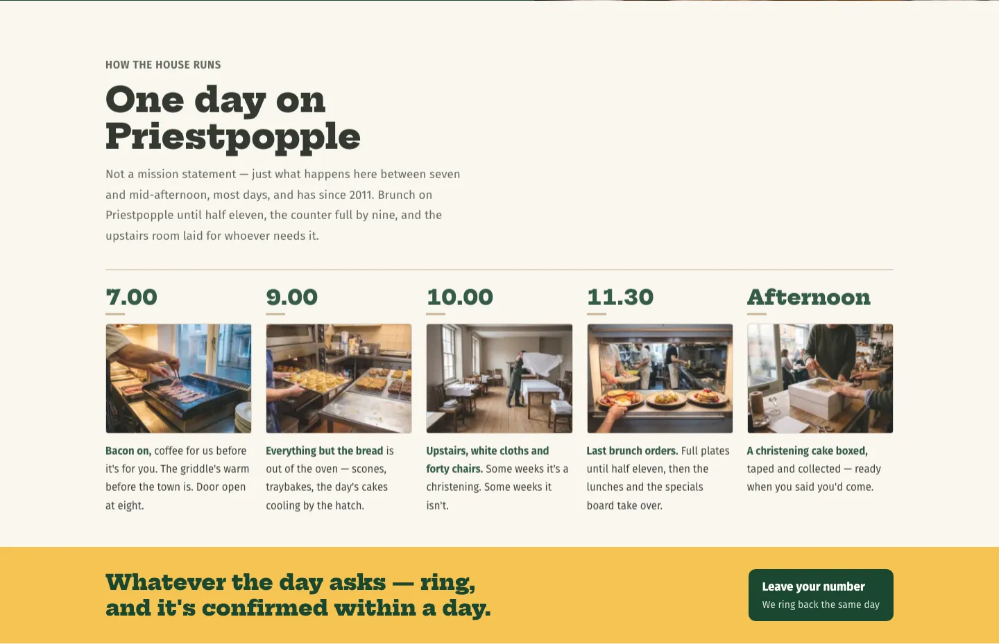 The fictional day on Priestpopple: bacon at 7.00, cakes out of the oven at 9.00, the upstairs room laid at 10.00, last brunch orders at 11.30, and a christening cake boxed in the afternoon.