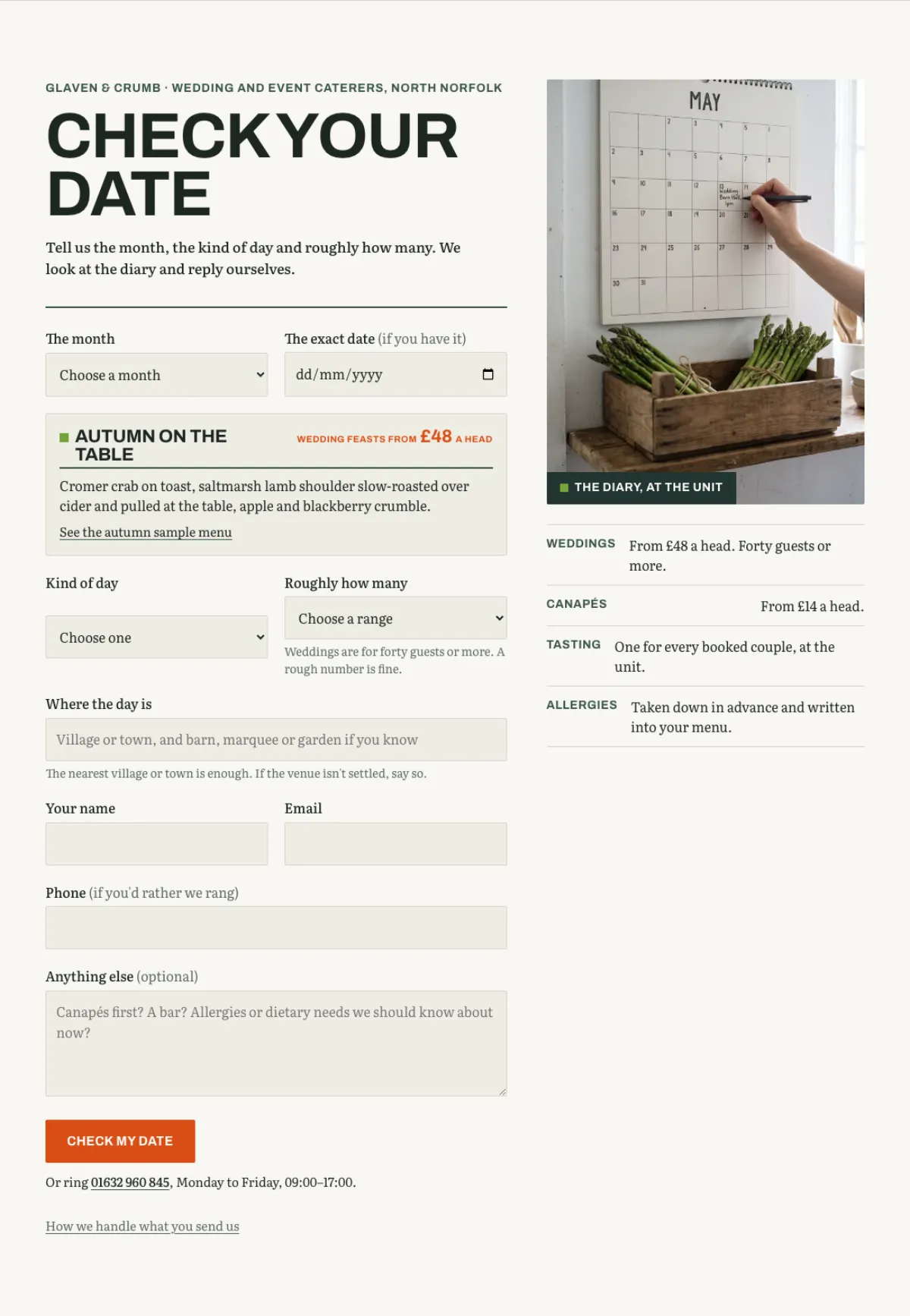 The top of the fictional example’s date form: the month, the season’s sample feast, and the diary at the unit. Nothing confirms itself.