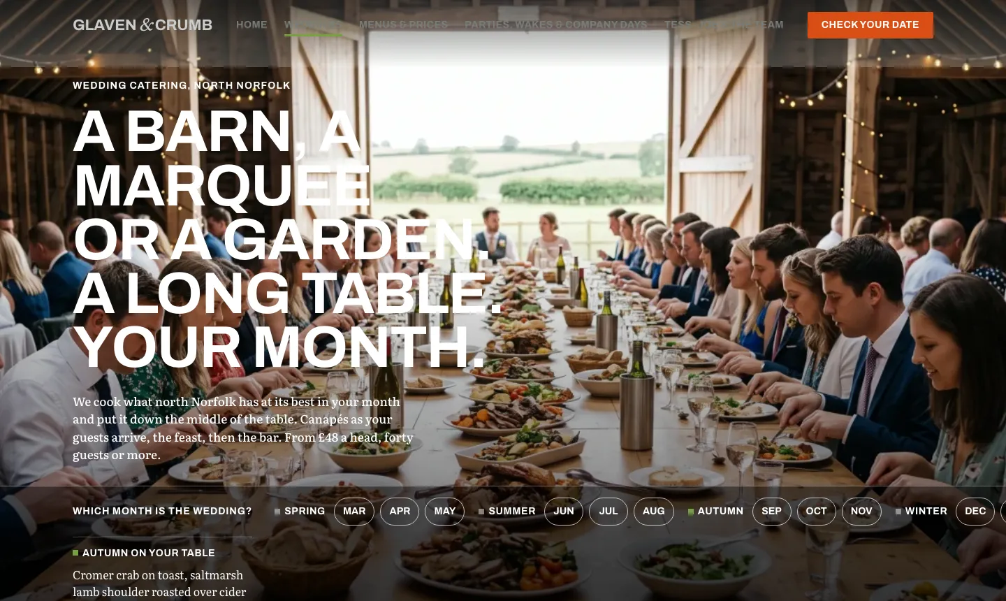 The weddings page of the fictional Glaven and Crumb example: a long table in a barn, from £48 a head, for forty guests or more.