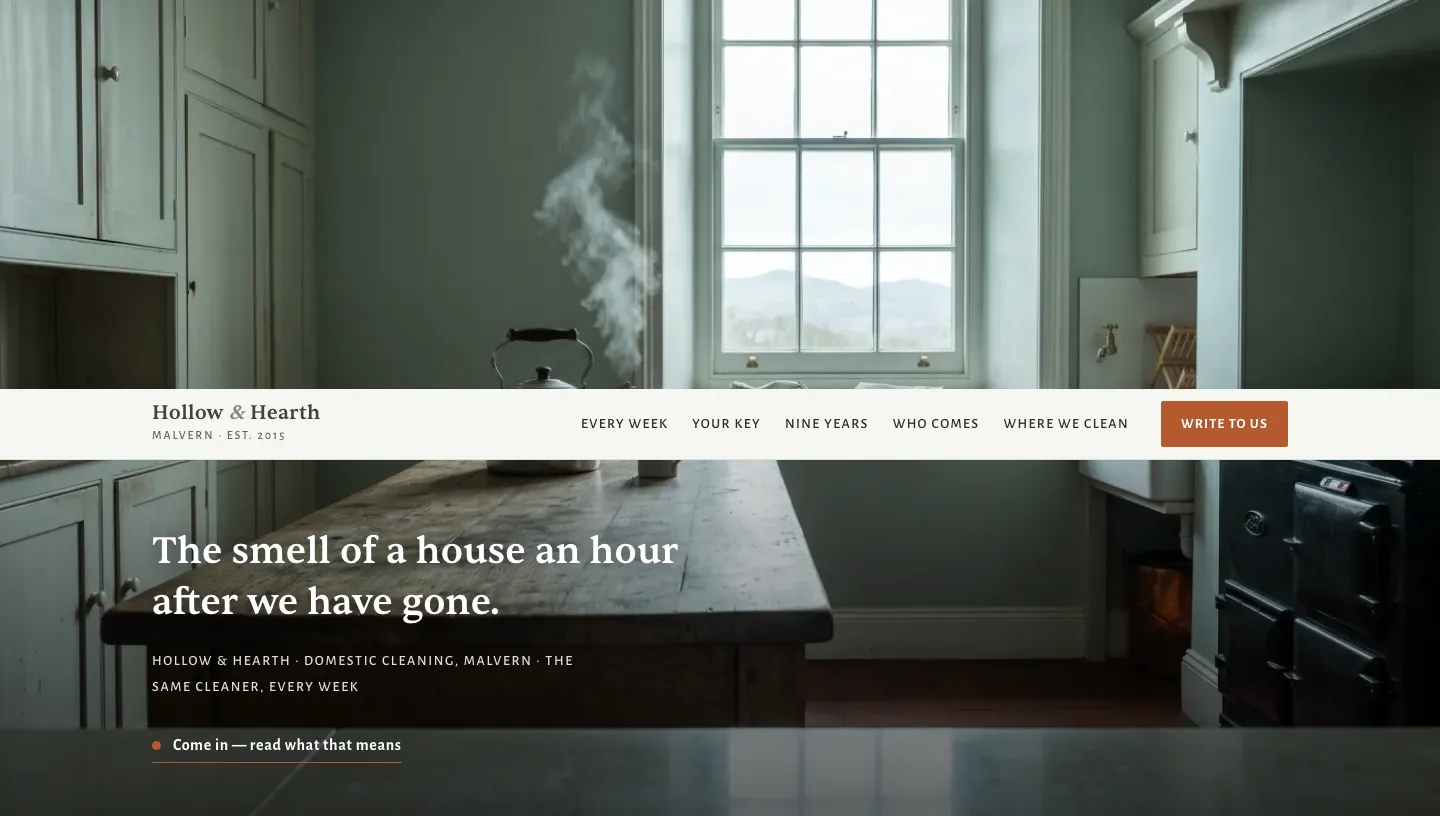 Example website opening for a fictional cleaner in Malvern: a kitchen after the visit, steam from a kettle, hills in the window, and the line about the smell of a house an hour later.