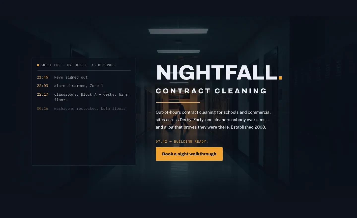 Example website for a fictional contract cleaner in Derby: a night corridor and a shift log, keys signed out at 21:45 and the building ready at 07:42.