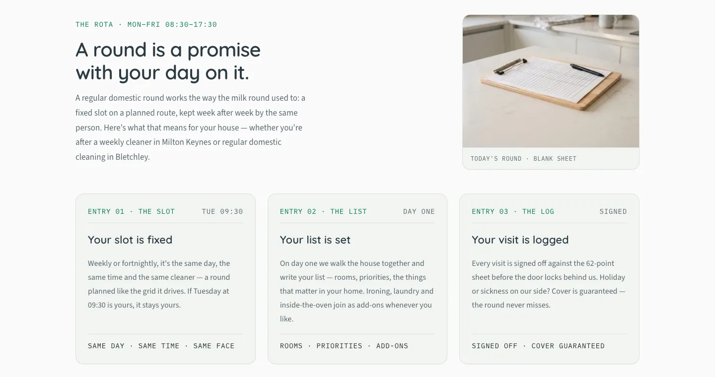 Example website for a fictional weekly cleaning round in Milton Keynes: a fixed Tuesday slot, a list written on day one, and a signed visit log.