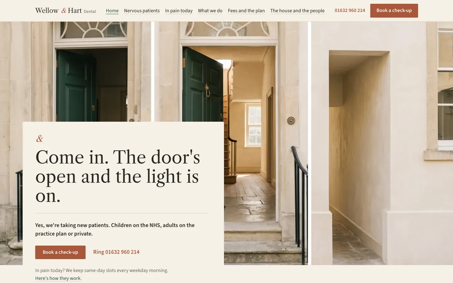 The opening of the fictional Wellow and Hart site: a green front door, and a line that says the practice is taking new patients, children on the NHS and adults on a plan or private fees.