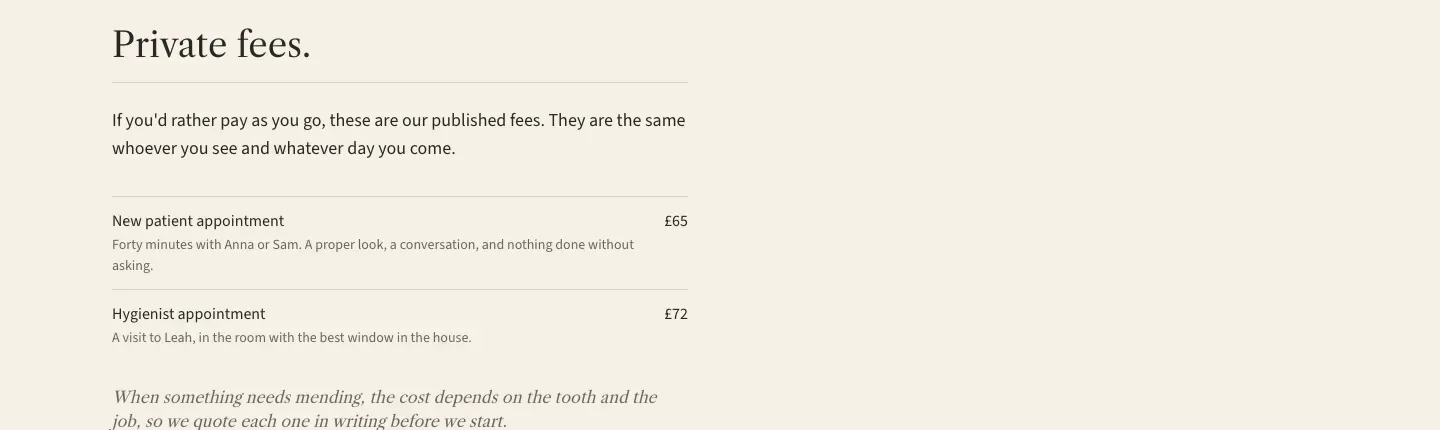Published fees on the example: a new-patient appointment at £65 for forty minutes, and a hygienist appointment at £72. Other treatment is quoted in writing first.