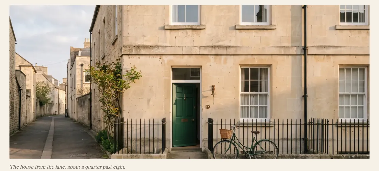 The fictional practice from the lane: a stone house, a green door and a bicycle, captioned as a quarter past eight.
