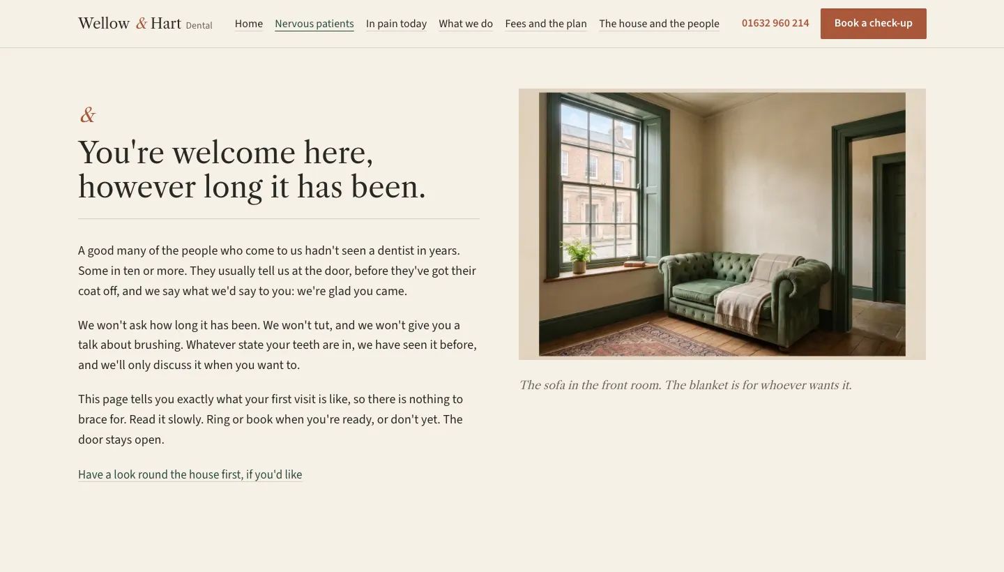 The opening of the fictional nervous-patients page: a green sofa by a sash window, and a welcome for people who have not been to a dentist in years.