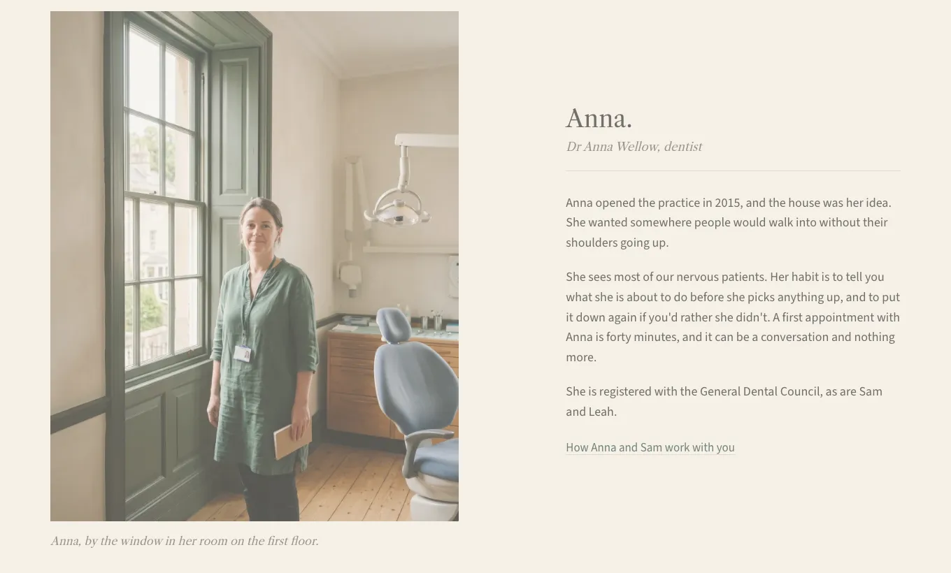 Anna Wellow, a fictional dentist, beside the window of her surgery. The text says she is registered with the General Dental Council and does not show a number.