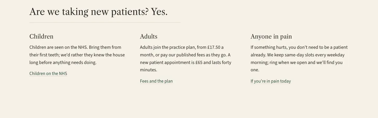 The fictional example divides new patients into children on the NHS, adults on a plan from £17.50 a month or private fees, and anyone in pain today.