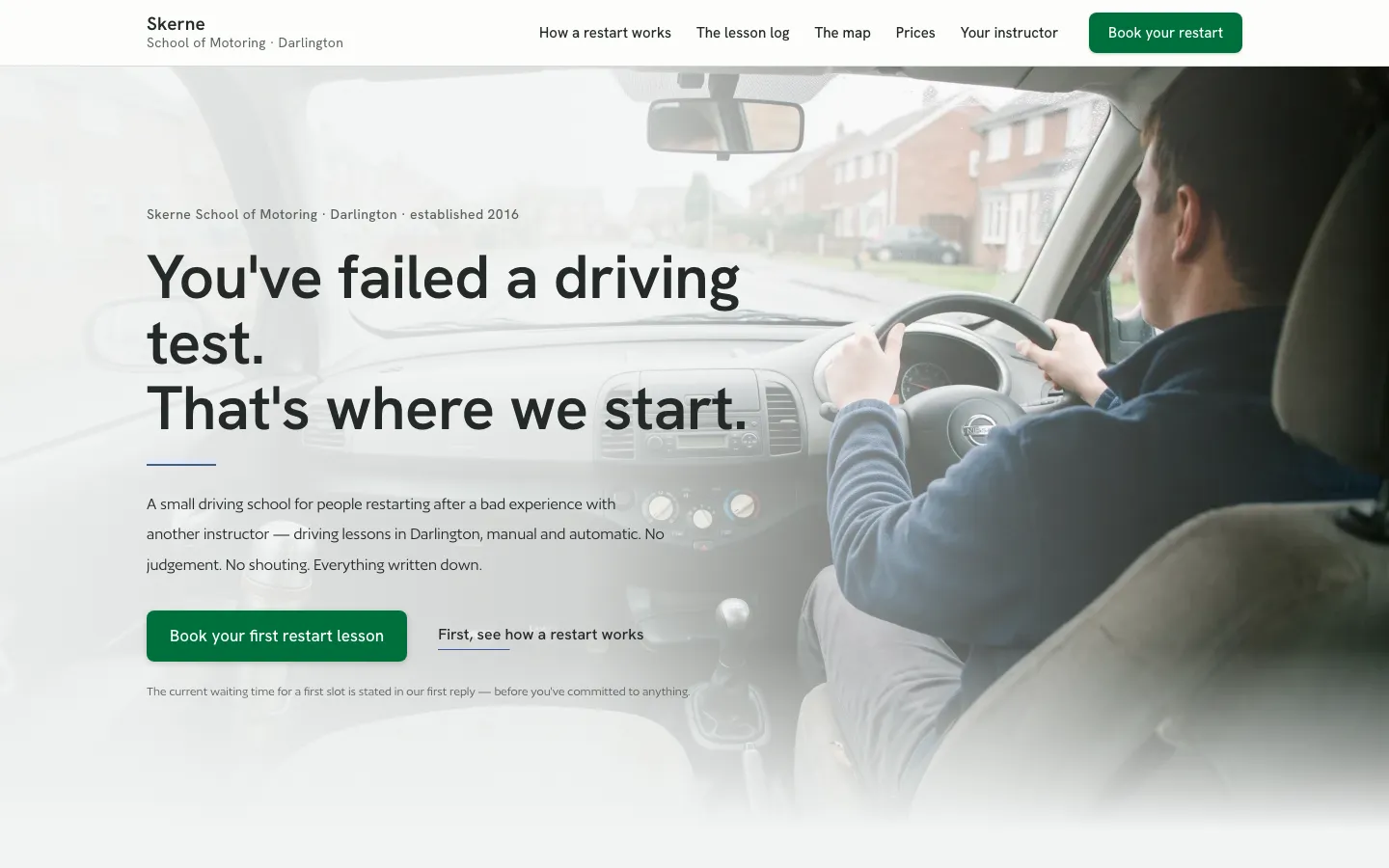 The fictional Skerne School of Motoring home page, a Darlington driving school for people restarting after a failed test. The first screen states no pound rate.