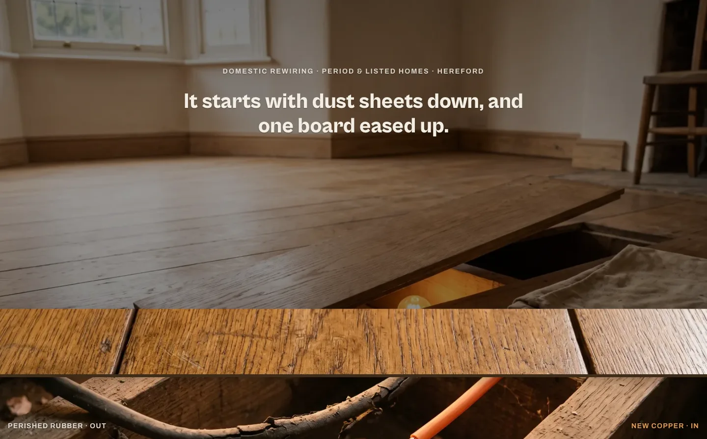 A recorded scroll state from the fictional Pennant site: the floorboard rises to reveal old cable and a new run.