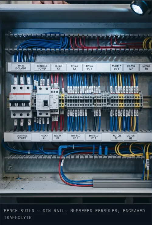 A labelled control panel on the bench, from Verrill’s fictional example site.