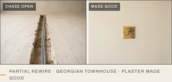 An example open cable chase beside finished plaster and a switch.