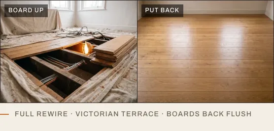 An example floor with boards lifted, beside the boards put back flush.