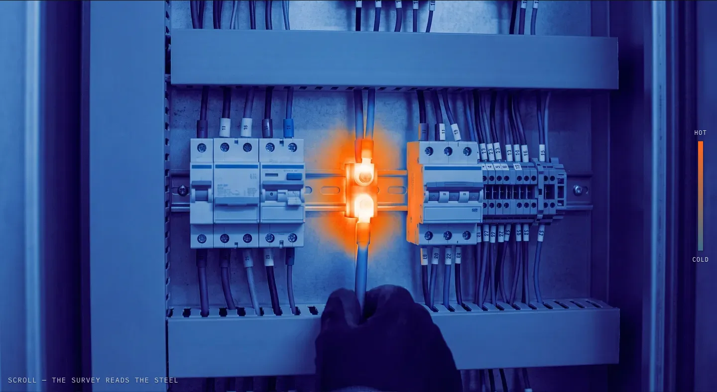 The example’s false-colour thermal view of a cabinet joint.