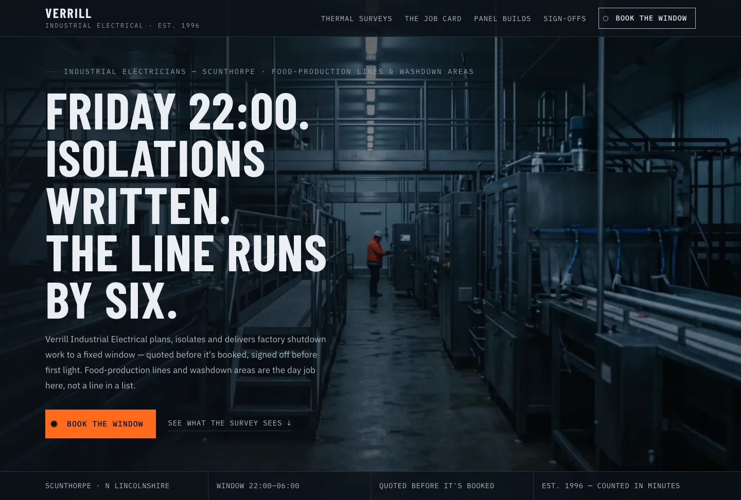 Verrill’s fictional industrial website: the overnight shutdown window opens the page.