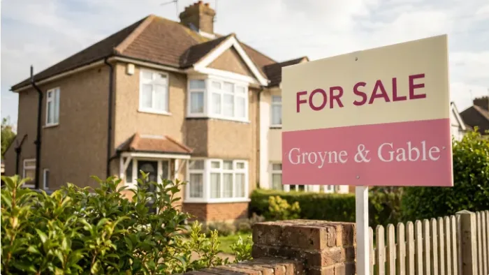 A For Sale board in the fictional Groyne and Gable example, photographed beside a front garden.
