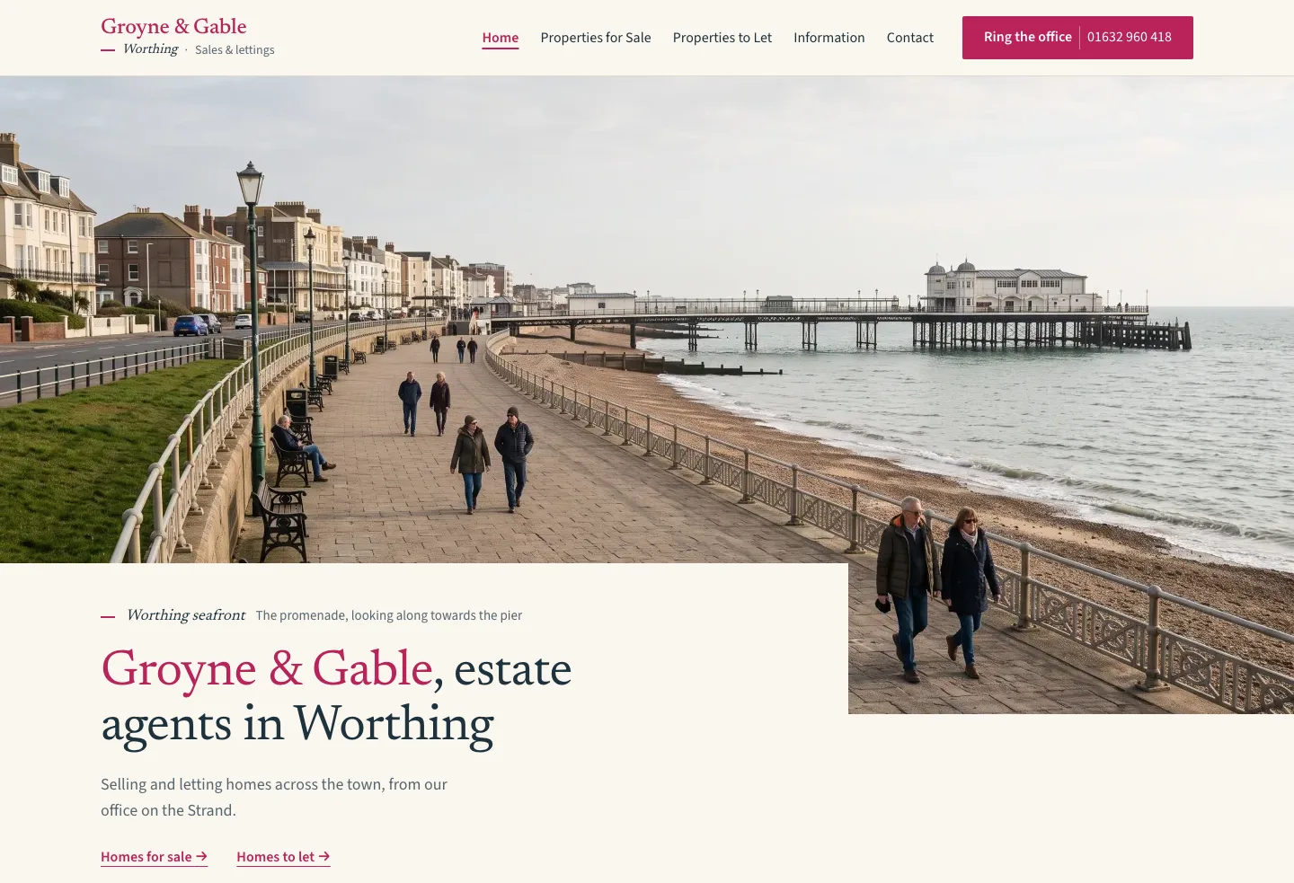 The Groyne and Gable example homepage, with Worthing seafront and routes to homes for sale and to let.