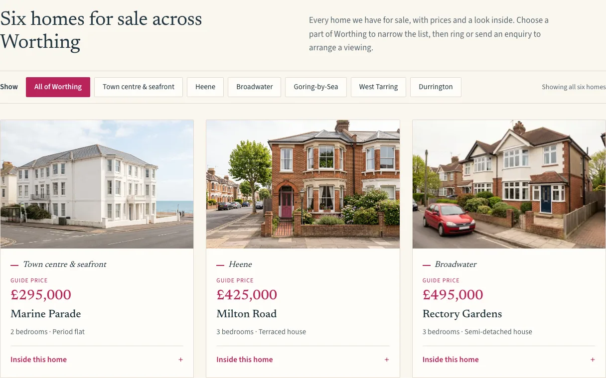 The example sales page: an area filter and invented properties with guide prices; the phone crop shows the Marine Parade listing.