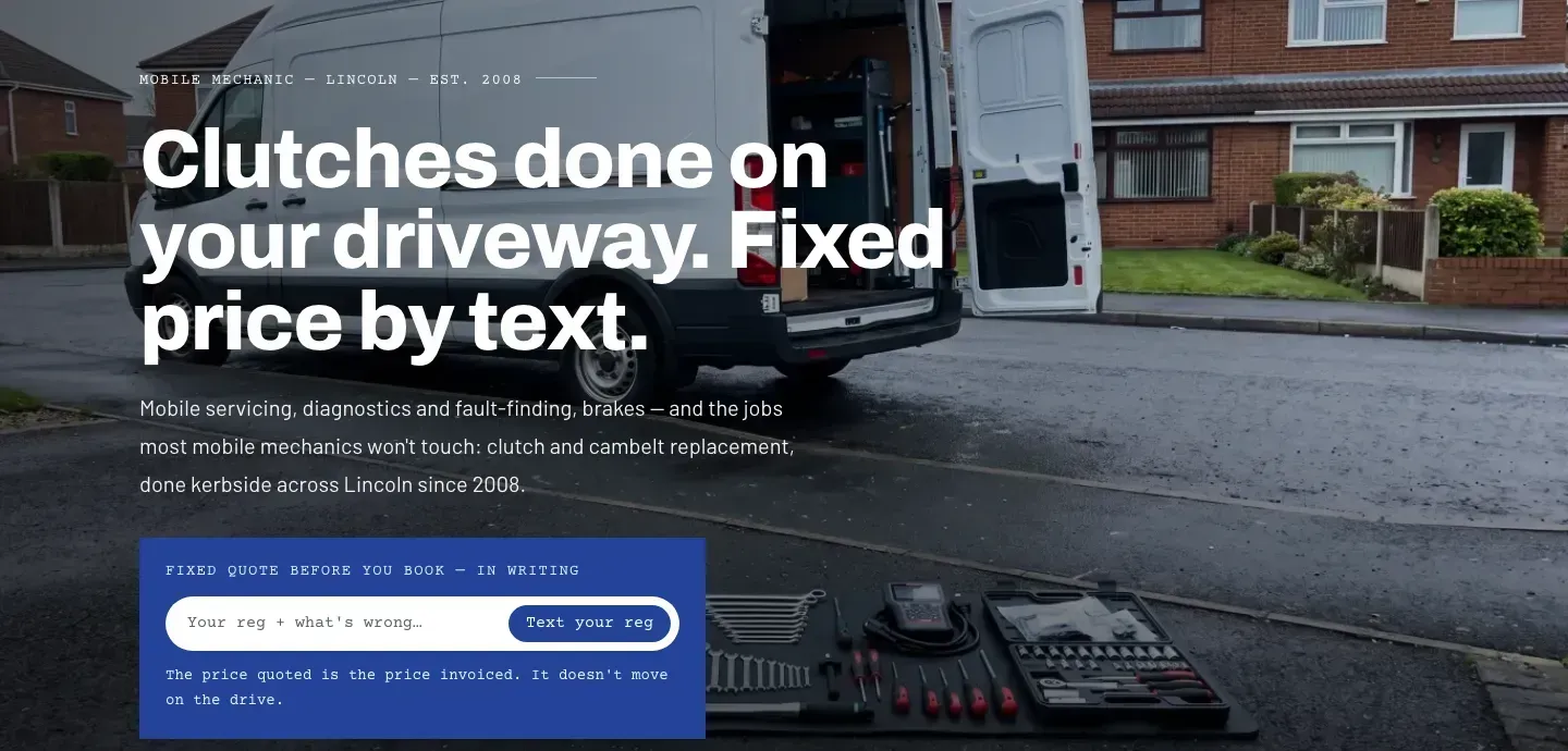 The opening of Marsh Mobile Mechanics, a fictional mobile mechanic in Lincoln. The headline is a clutch done on the driveway, with the price fixed by text. Sample amounts on the live example are blank.