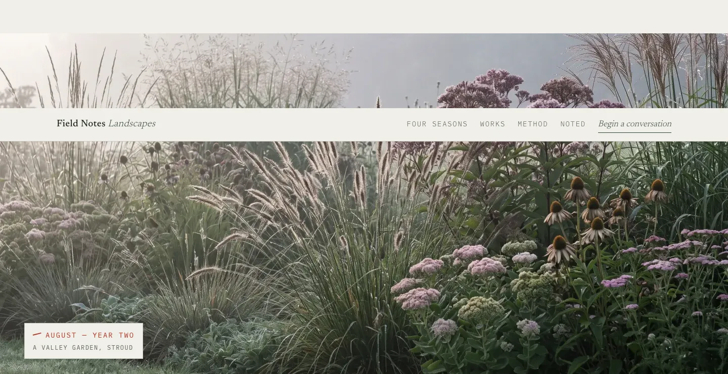 Field Notes Landscapes, an example build for a fictional Stroud studio. August of year two in a valley garden, labelled on the page, with grasses and sedum in flower.