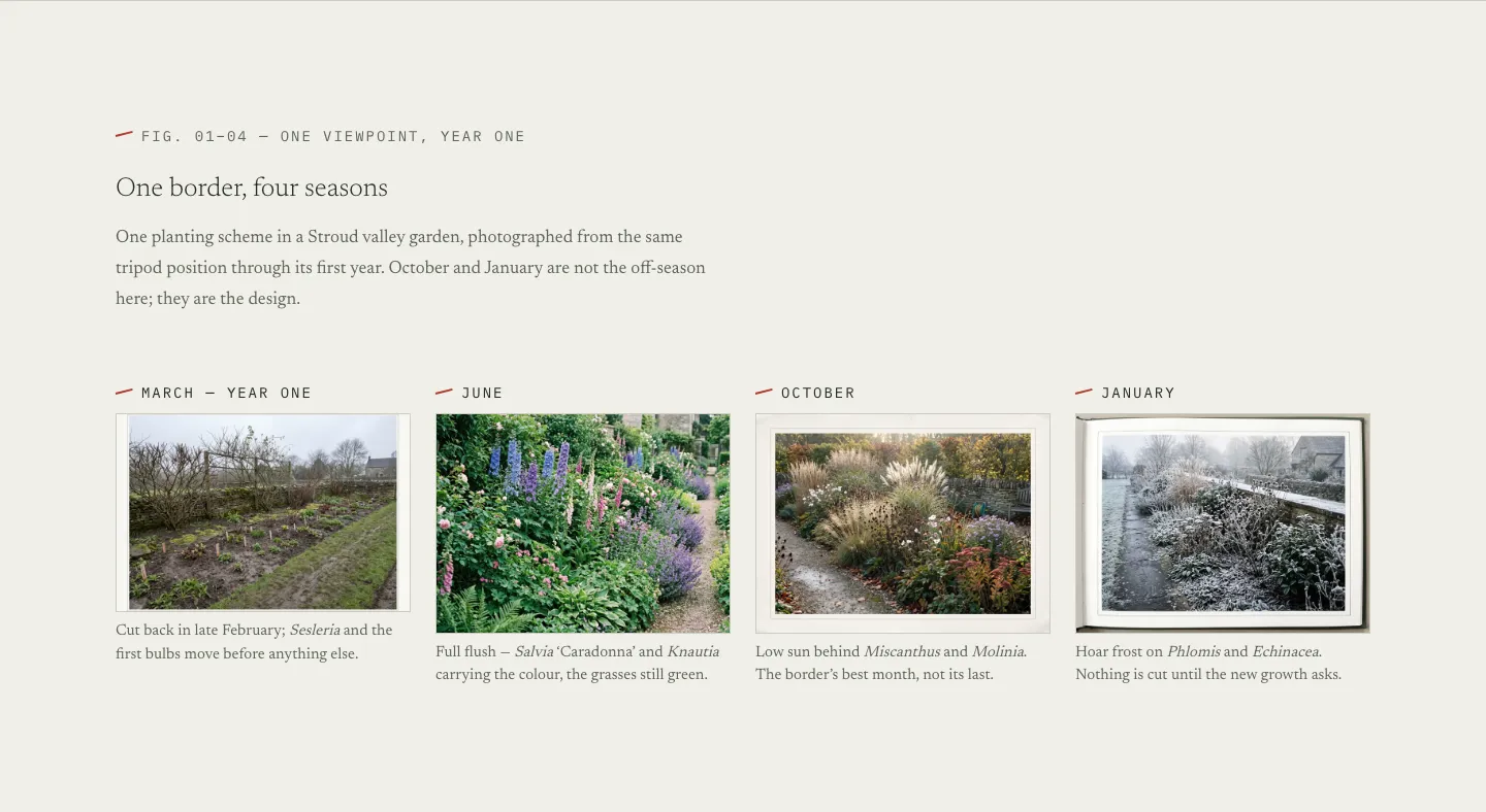 The Field Notes example, one Stroud border photographed from the same place in March, June, October and January, with the month written beside each picture.