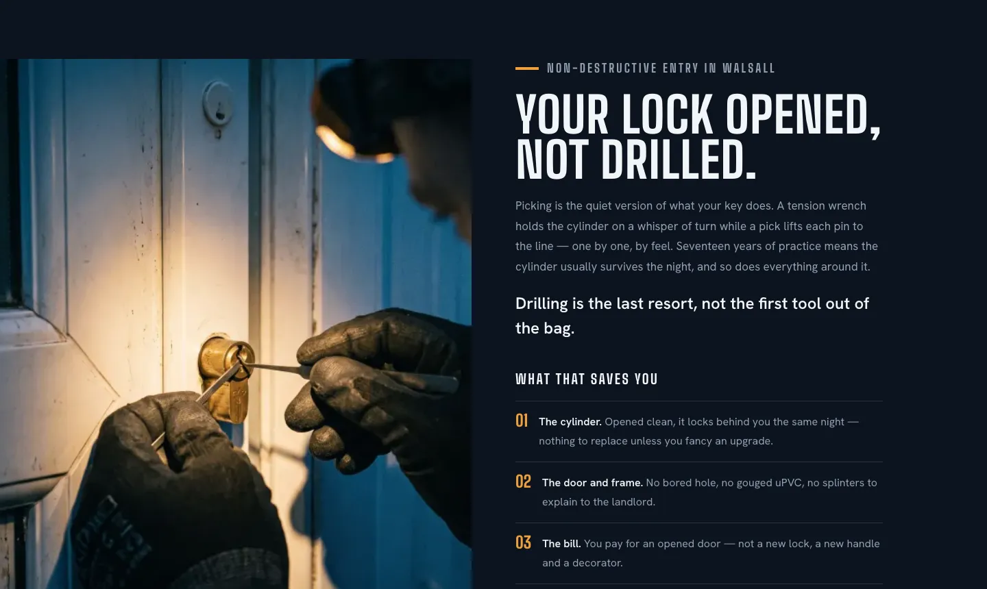 The example section Your lock opened, not drilled: picking first, drilling as the last resort.