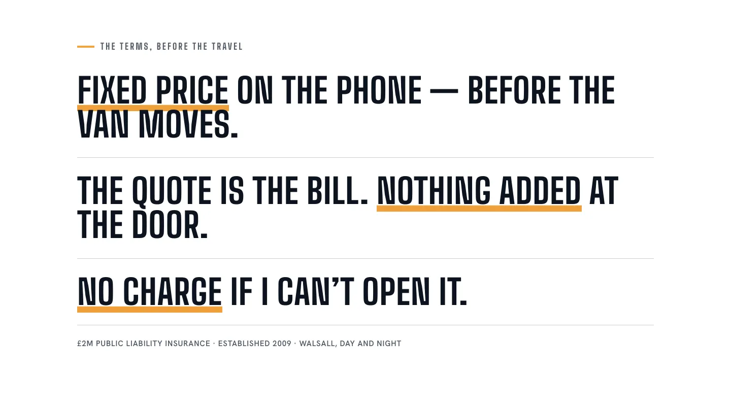 The example terms: a fixed price on the phone before the van moves, the quote as the bill, and no charge if the door will not open.