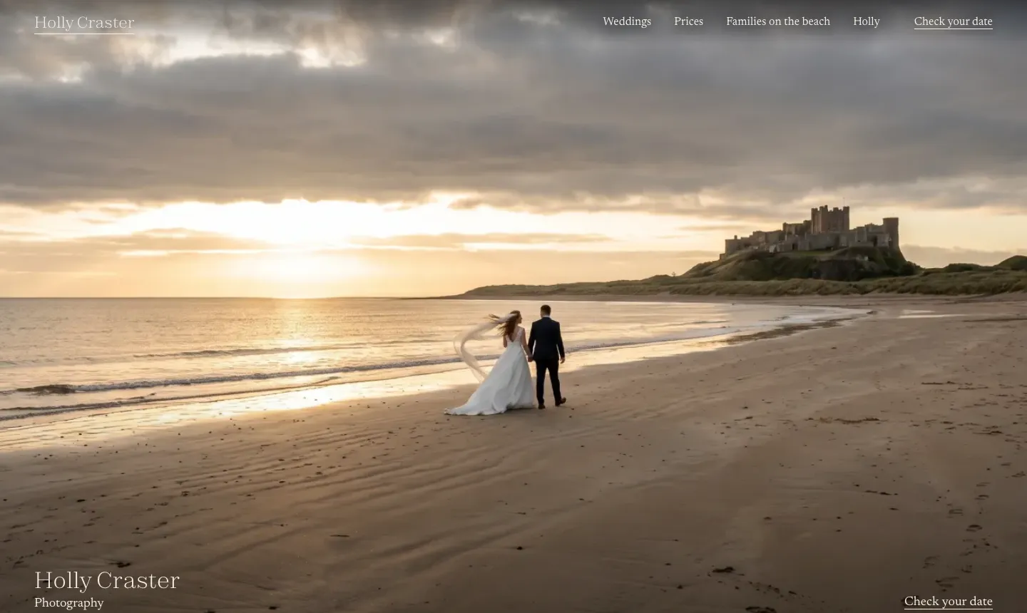Example website opening: a couple on a Northumberland beach at dusk, a castle on the headland, and a link to check the date.